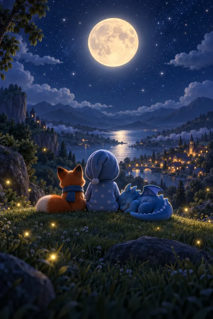 A child in pyjamas, a small fox and a sleepy blue dragon on a hill under a full moon